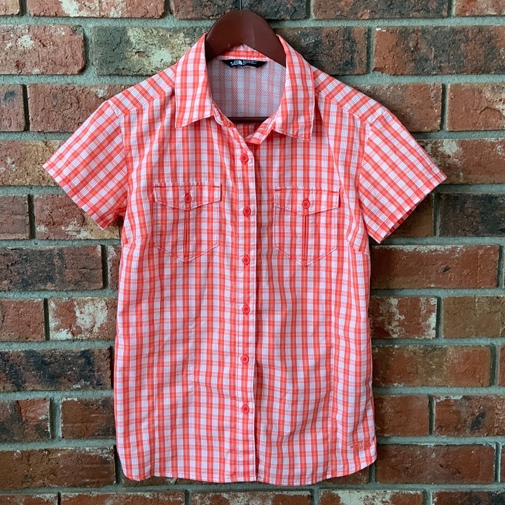 North Face Red Orange & White Plaid Short Sleeve Hiking Top - Picture 1 of 7